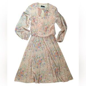 Vintage 70’s Pastel Floral Long-Sleeve Midi Dress - Size 4-6